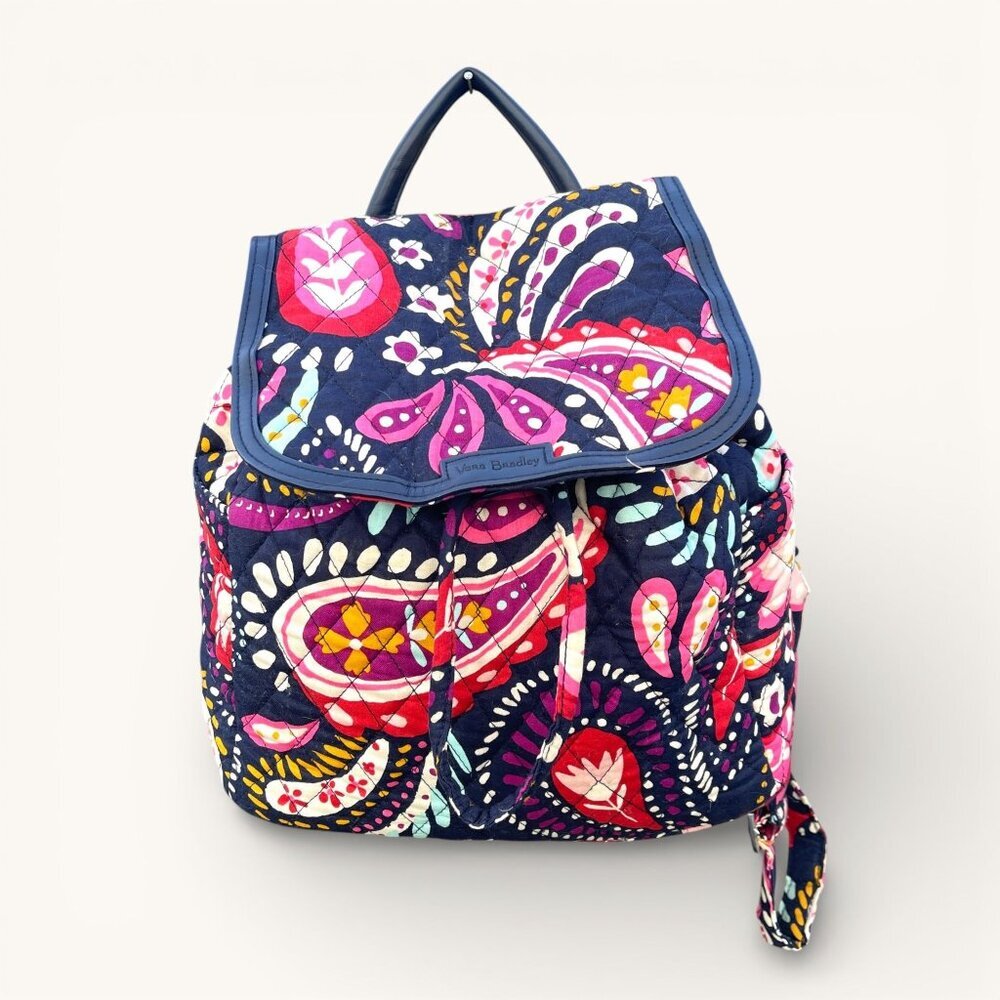 Vera Bradley Paisley Quilted Backpack Purple Pink blue Drawstring & Snap Closure - Picture 1 of 11